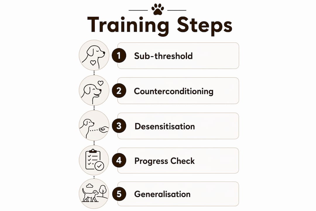 Infographic illustrating step-by-step reactive dog training