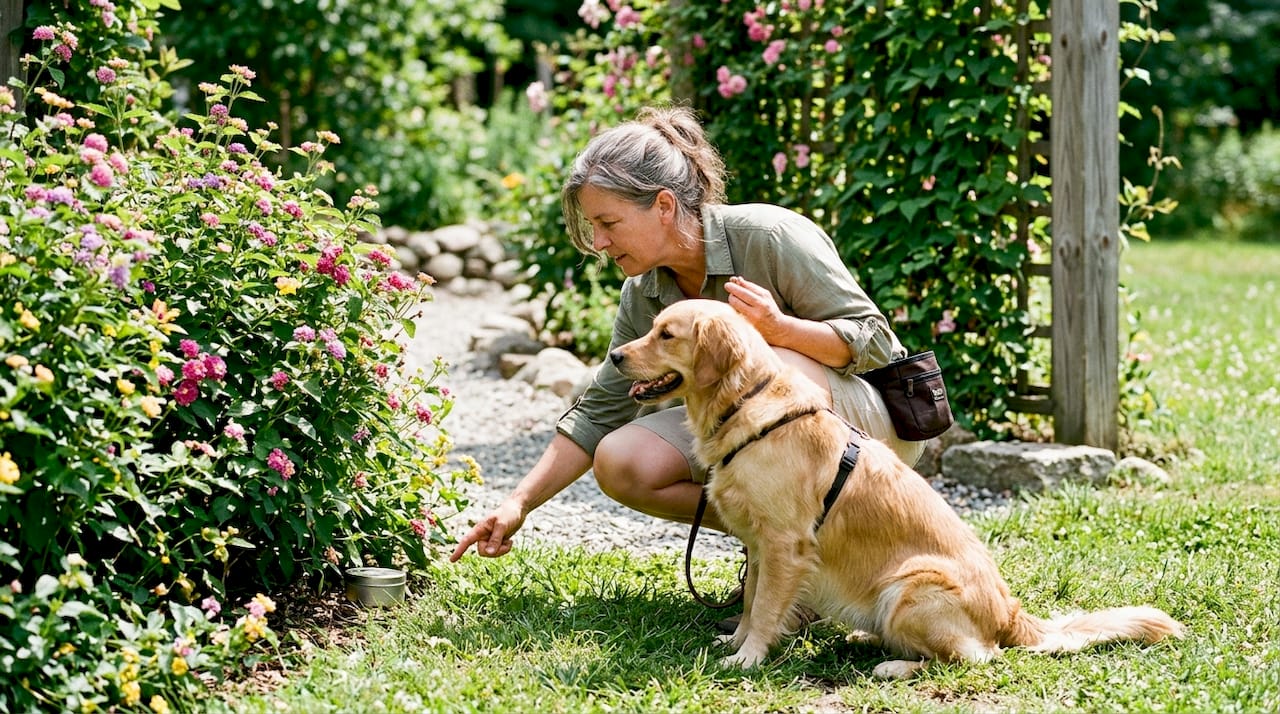 Woman training golden retriever with scent in backyard