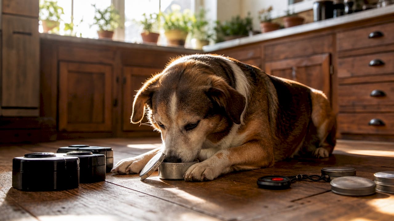 Dog calmly sniffing scent container indoors