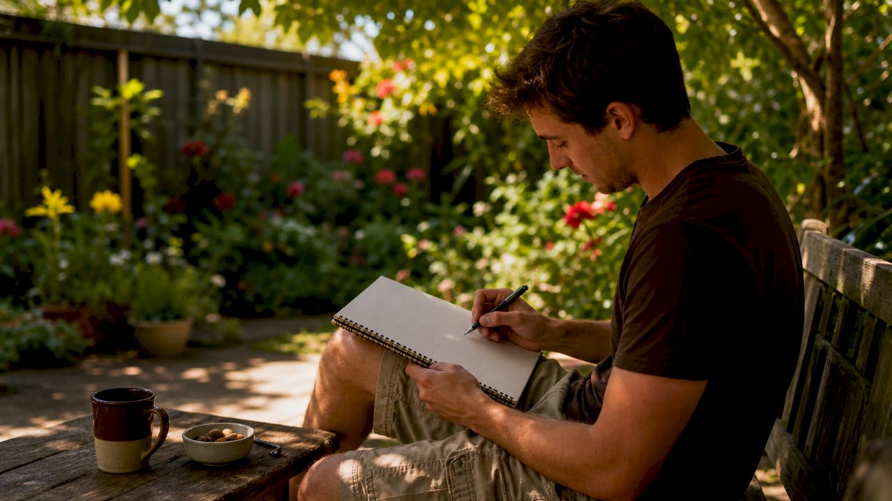Young man preparing dog training schedule at kitchen table