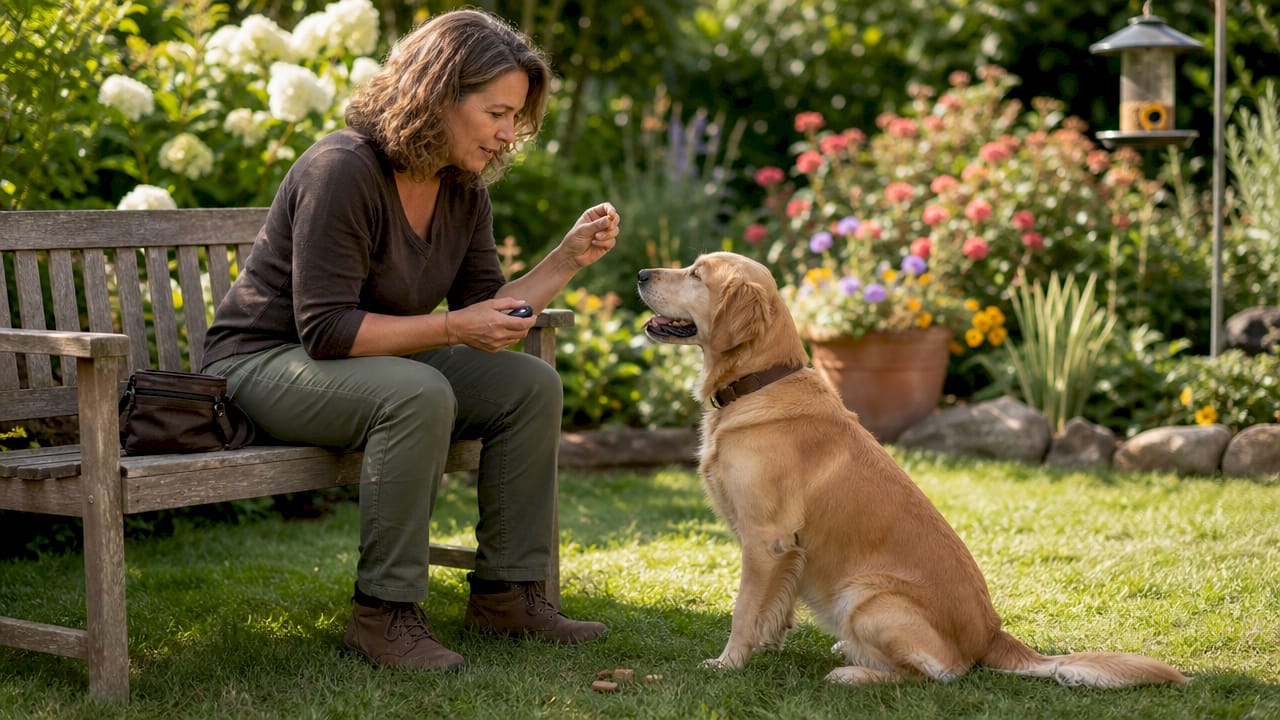 Woman training dog in cozy living room