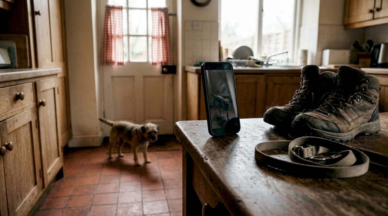 Smartphone recording dog near door during departure routine