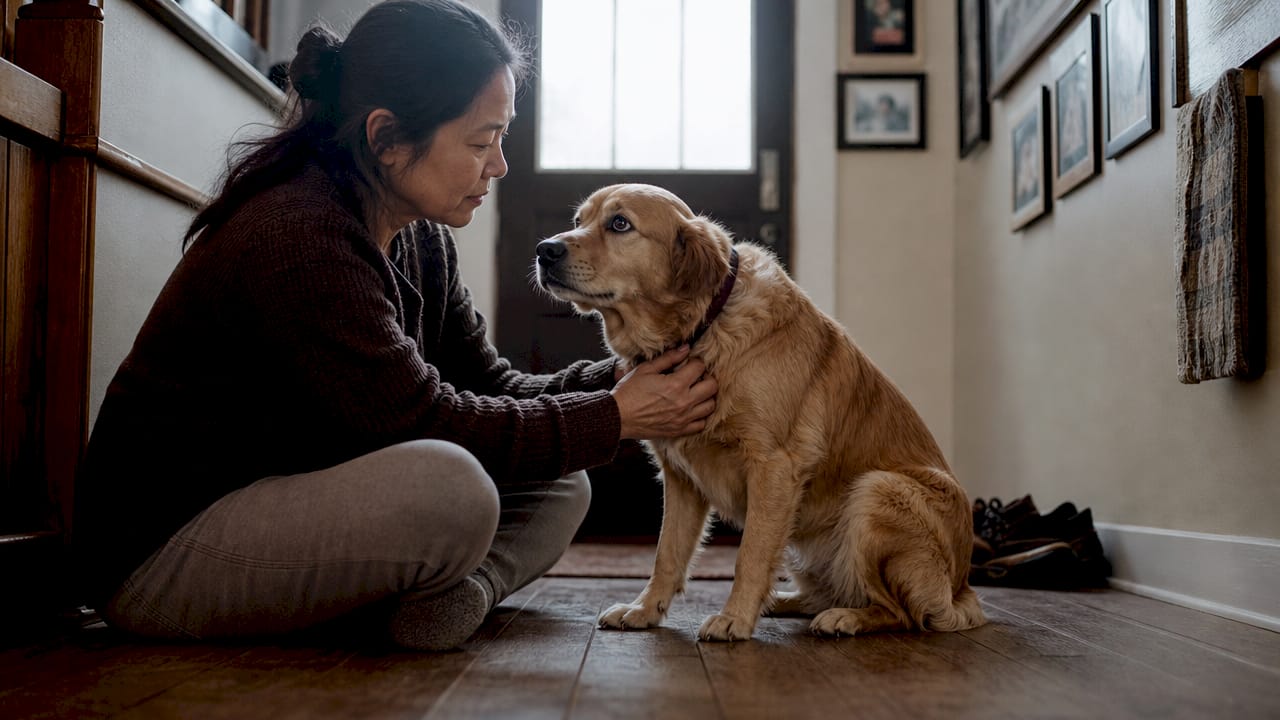 Woman comforting anxious dog at home before leaving