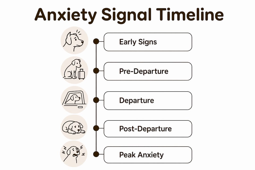 Infographic illustrating timeline of dog anxiety signs before and after departure