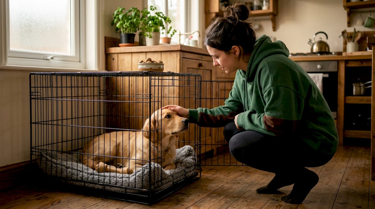 Woman comforting anxious dog in crate at home
