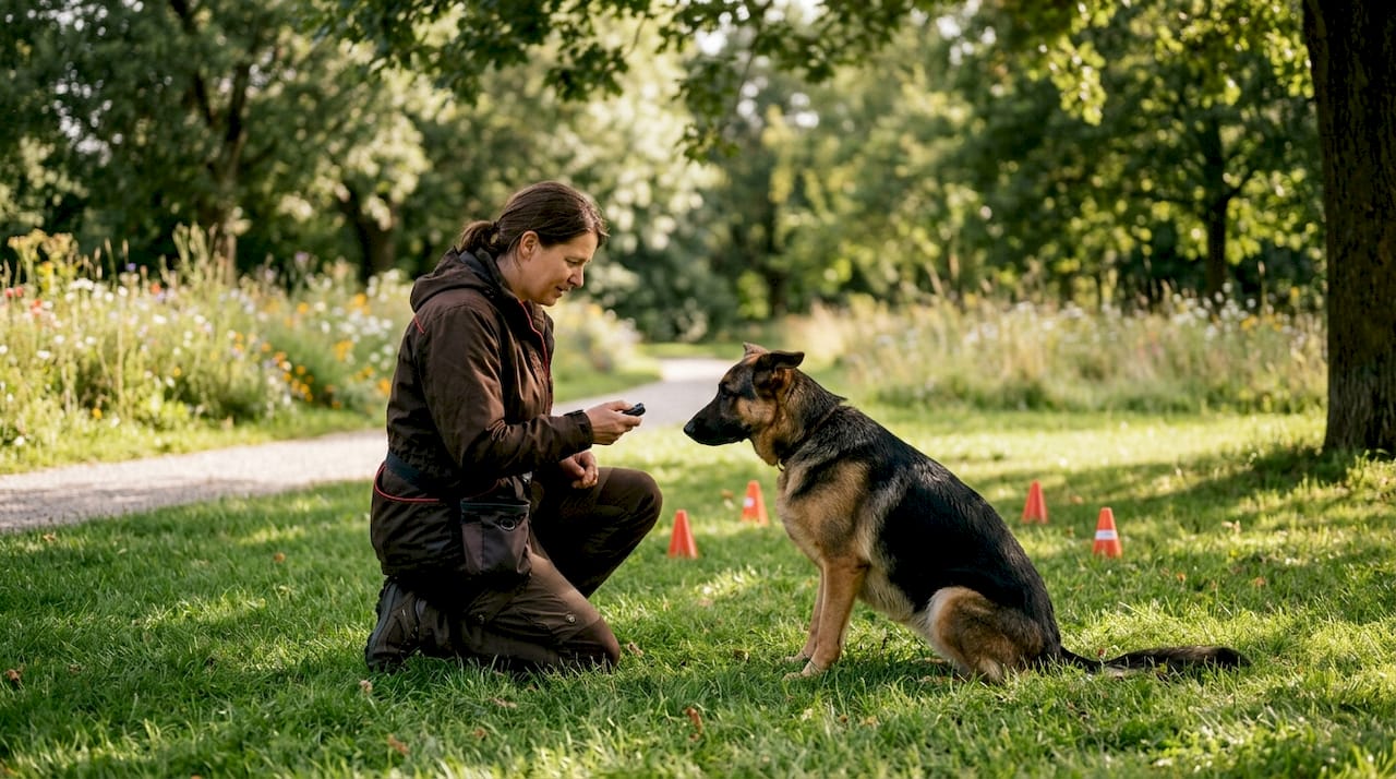 Dog trainer observing anxious dog's behavior indoors