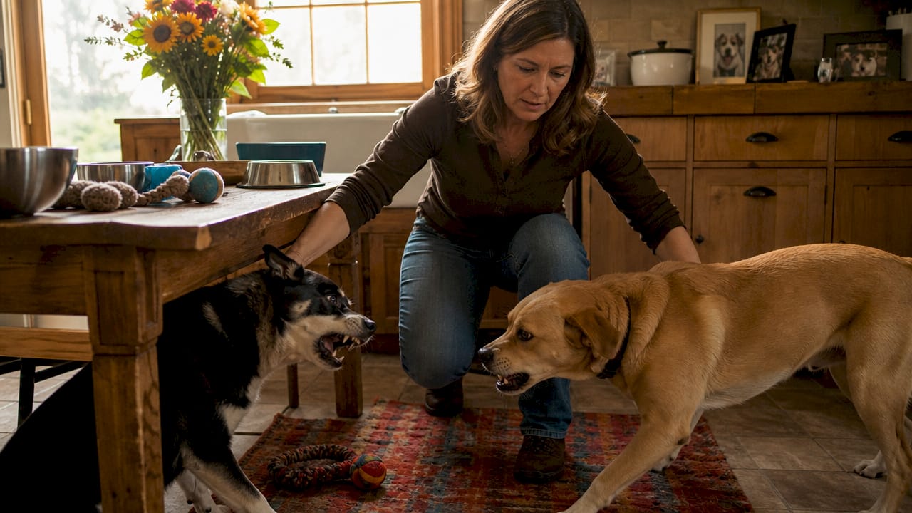 Woman calmly intervening with aggressive dogs