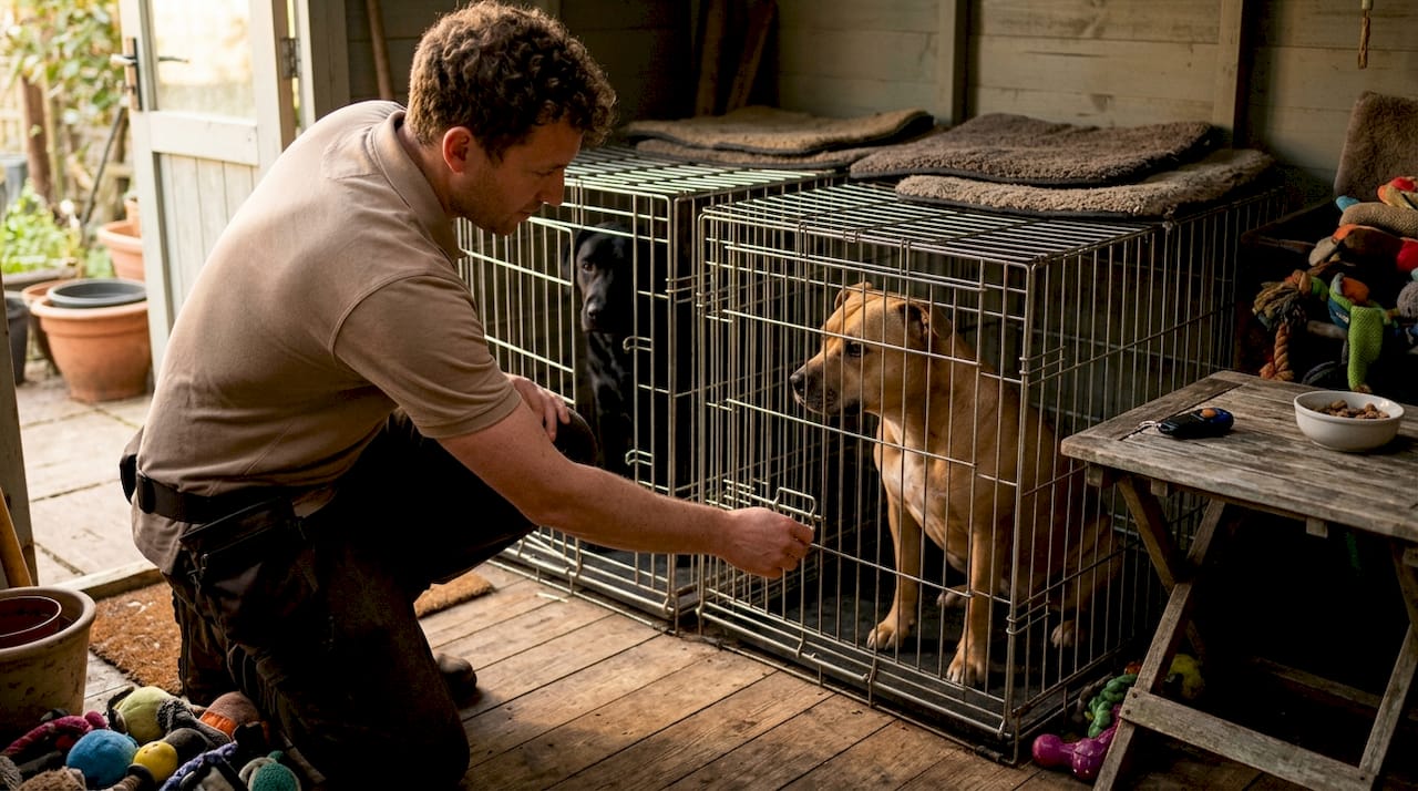 Trainer setting up crate management for dogs