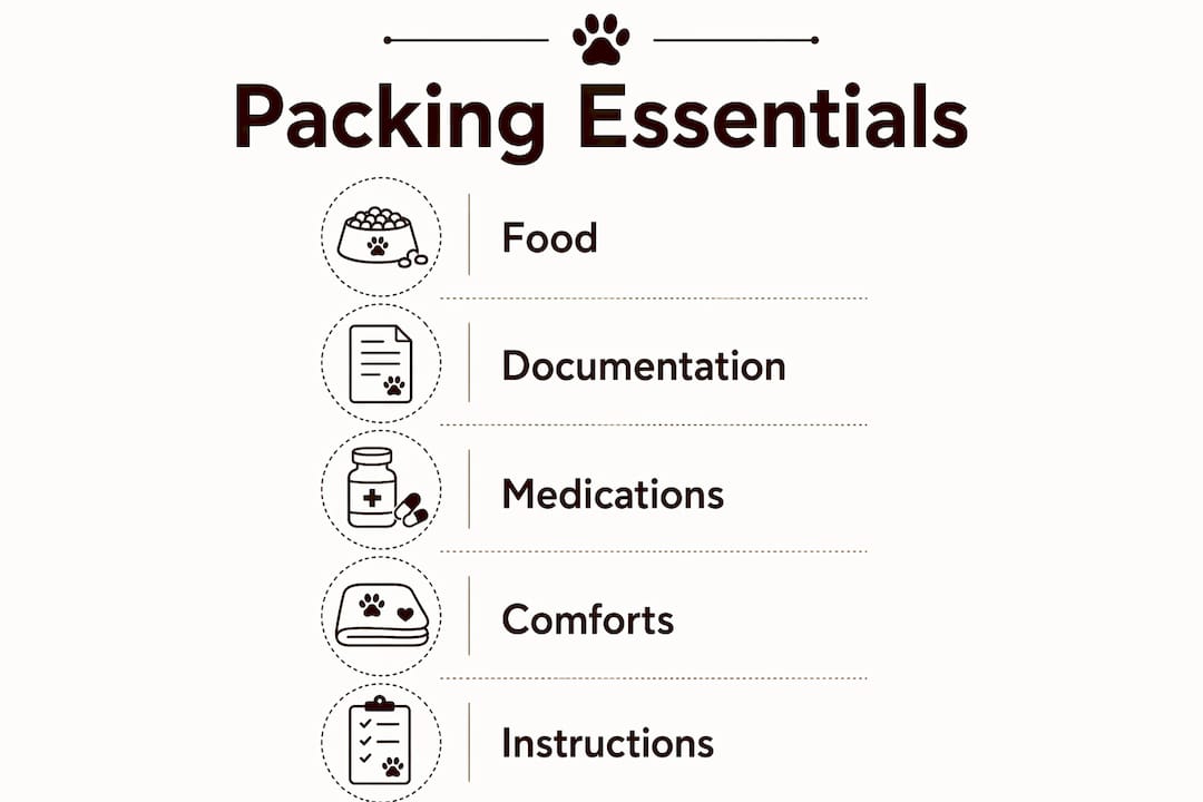 Infographic showing essential items to pack for dog board and train
