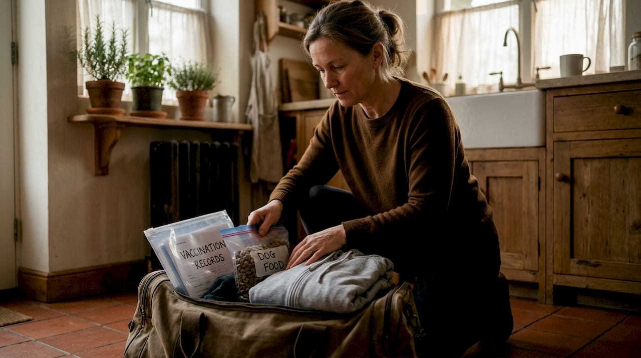 Woman packing a duffel bag with dog supplies