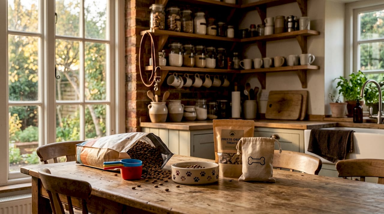 Dog food and feeding supplies on kitchen counter