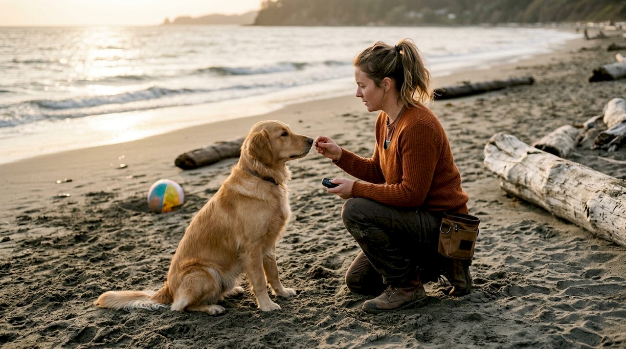 Trainer rewarding calm golden retriever in backyard