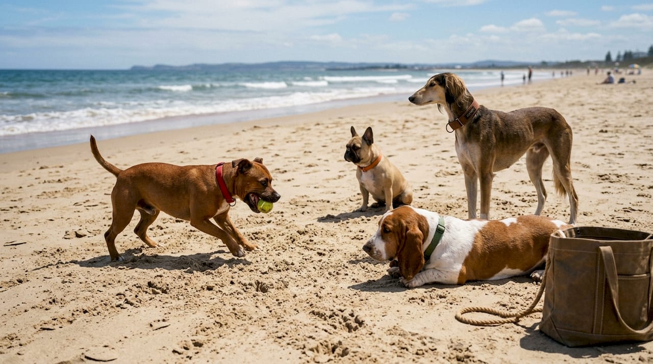 Four dogs representing temperament types on grass