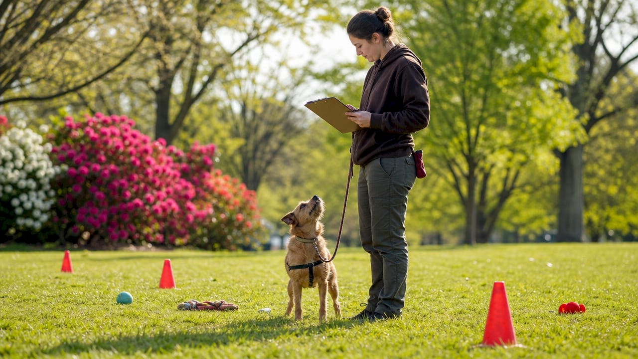 Dog trainer working closely with a dog indoors