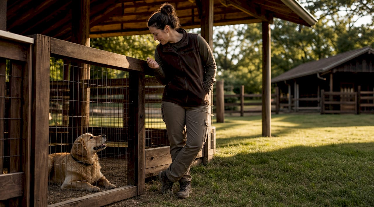 Professional dog trainer with dog in kennel