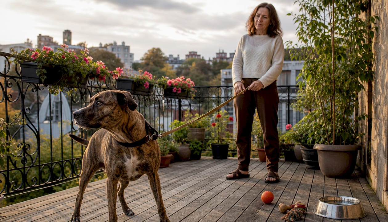 Woman gently managing aggressive dog on leash