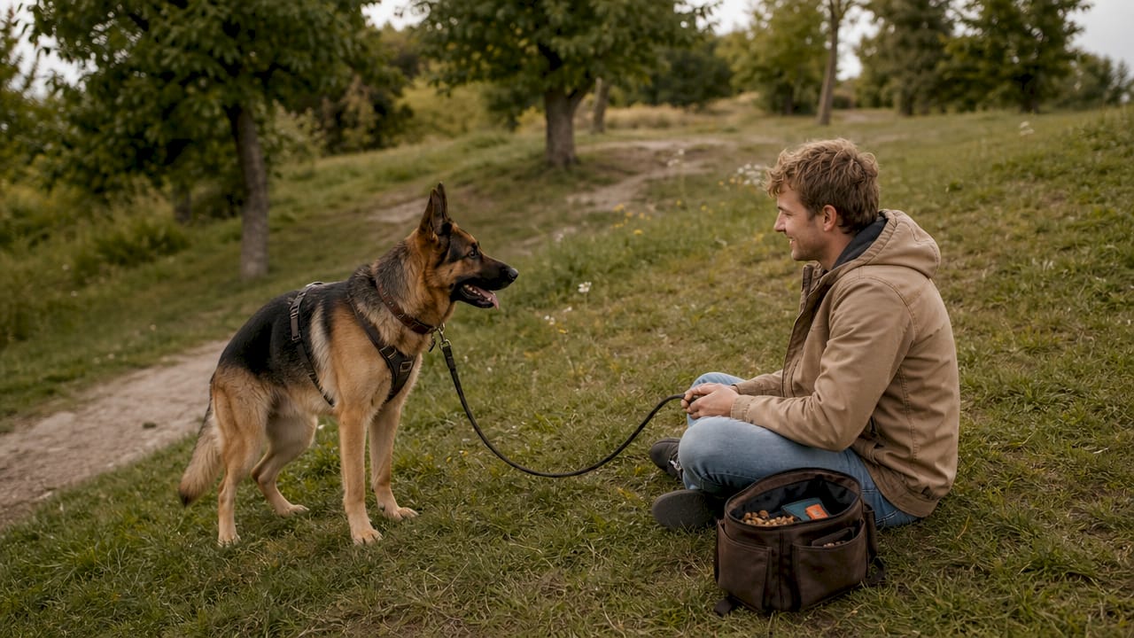 Trainer working on aggressive dog threshold outdoors