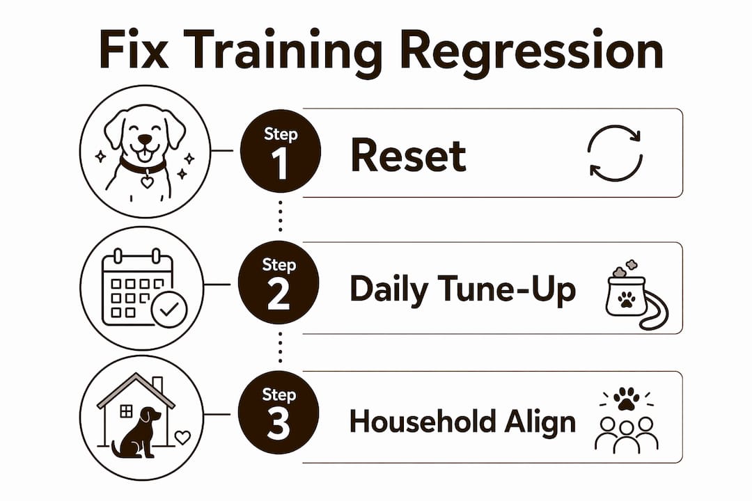 Infographic showing steps to fix dog training regression