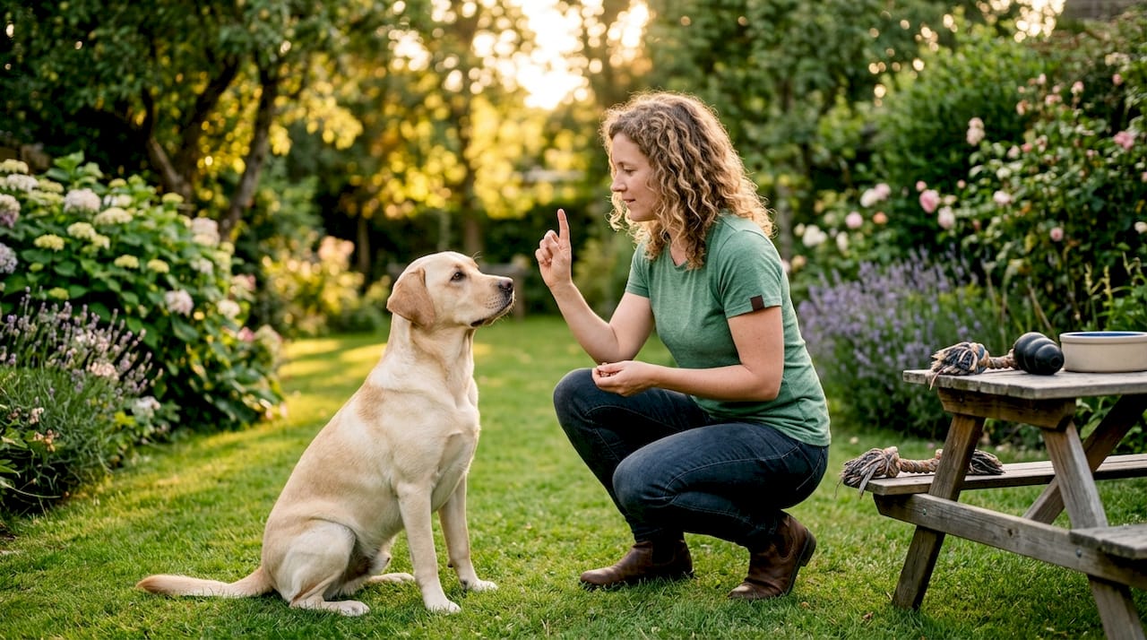 Woman training Labrador dog in backyard