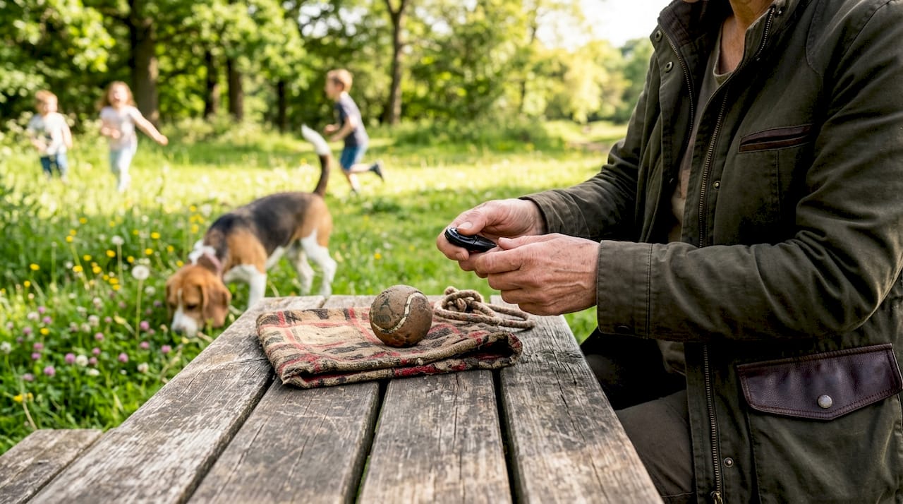 Trainer’s hands with dog treats and clicker