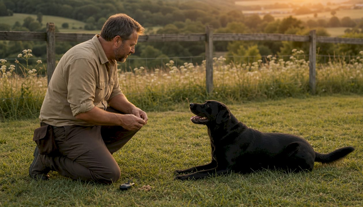 Trainer analyzing dog’s body language outdoors