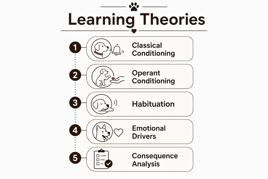 Infographic illustrating dog behaviour learning theories
