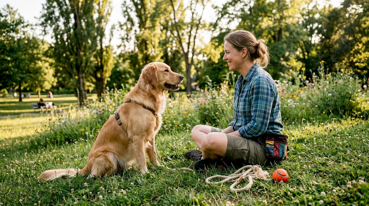 Dog trainer observing golden retriever sitting