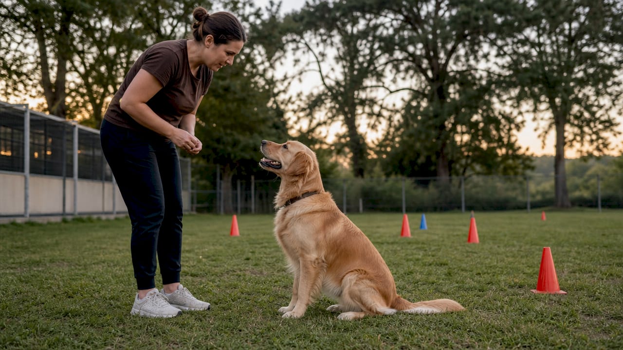 Dog trainer guiding golden retriever obedience session