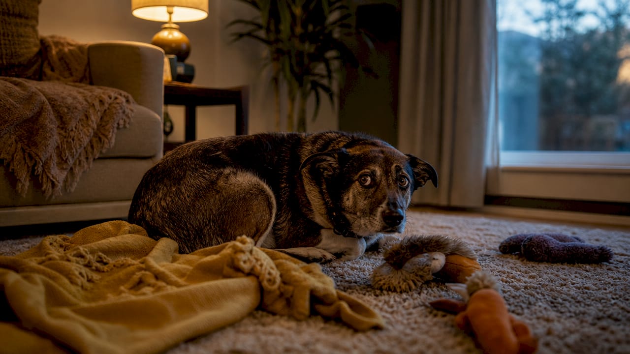 Tense rescue dog showing anxious behavior indoors