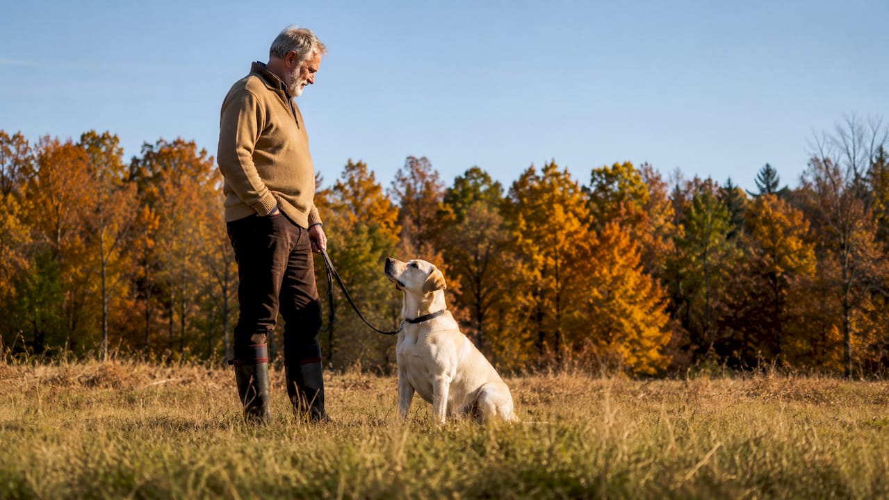 Elderly man walking labrador in autumn park