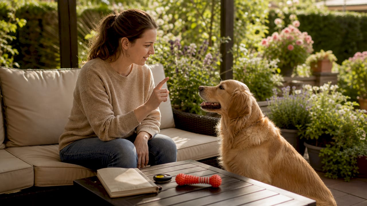 Dog owner training golden retriever outdoors
