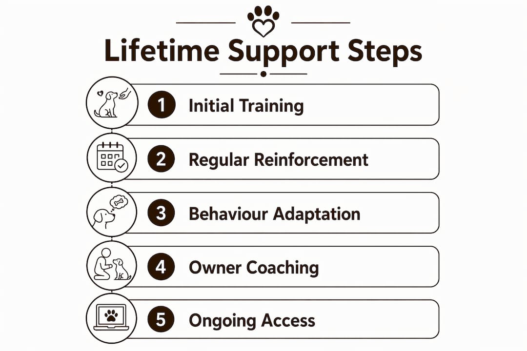 Infographic showing five steps of lifetime dog training support