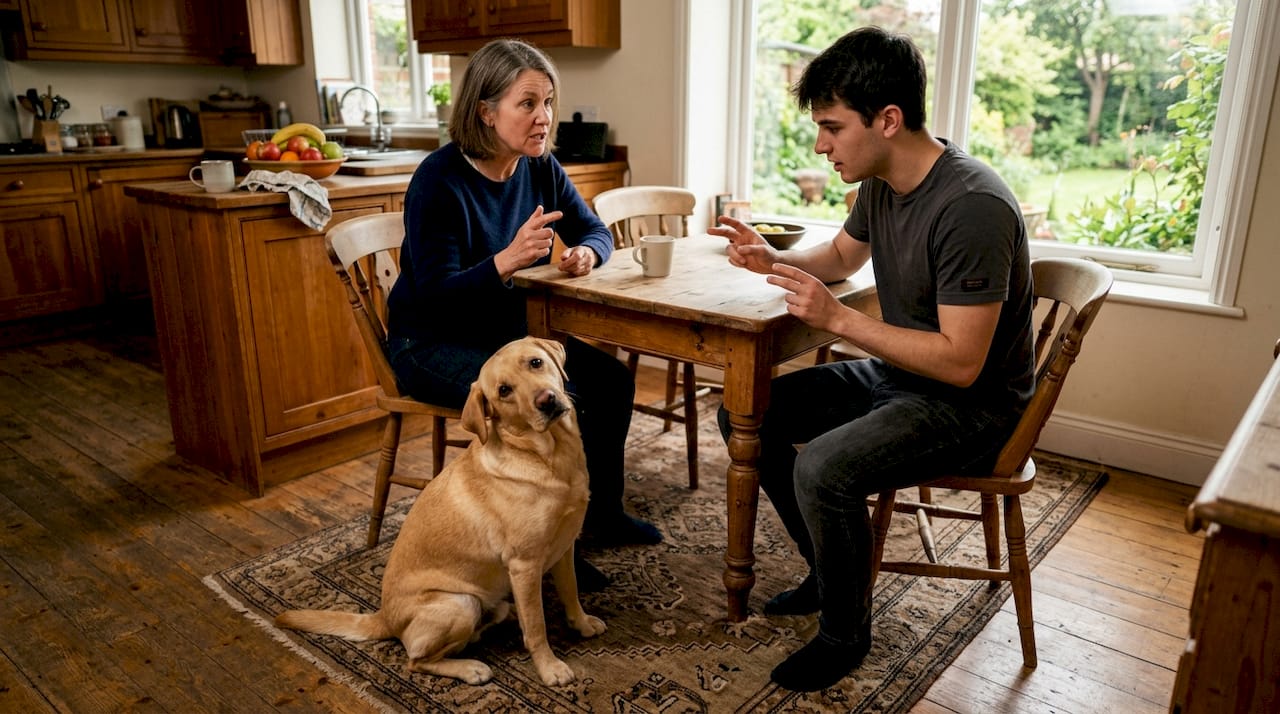 Dog looking confused between two trainers giving commands