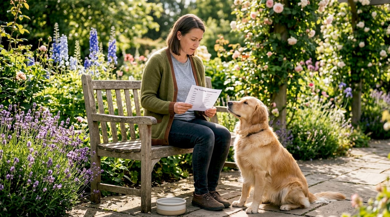 Hands holding dog training commands list with dog nearby