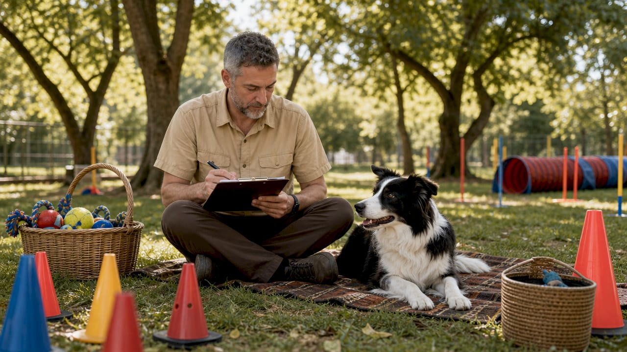 Trainer reviewing dog behavioral evaluation indoors