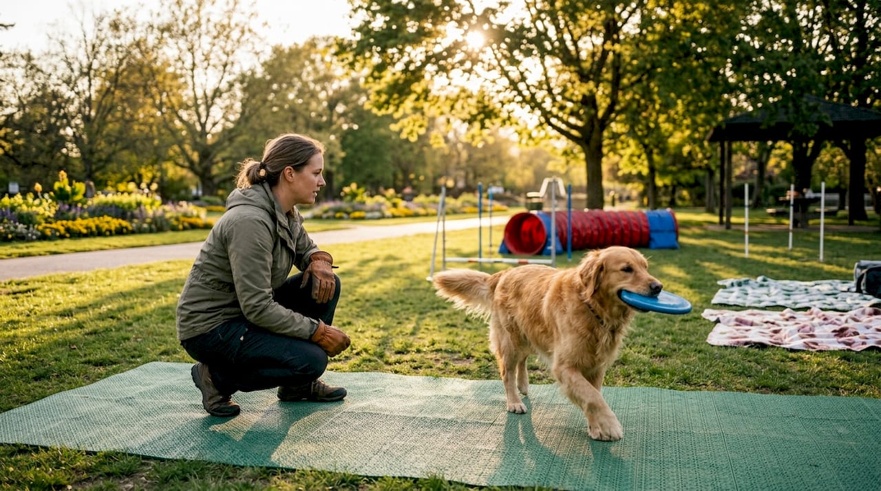 Dog trainer assessing golden retriever outdoors