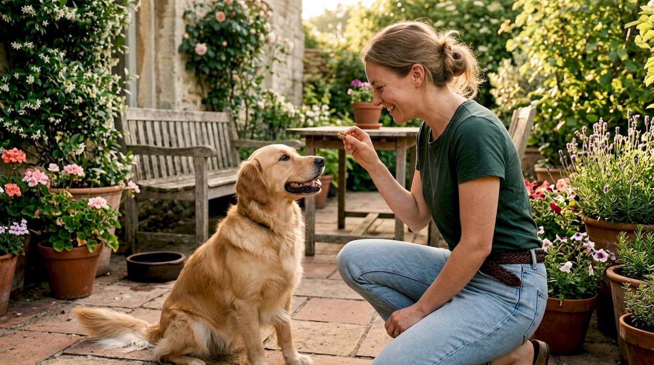 Owner rewarding golden retriever with treat