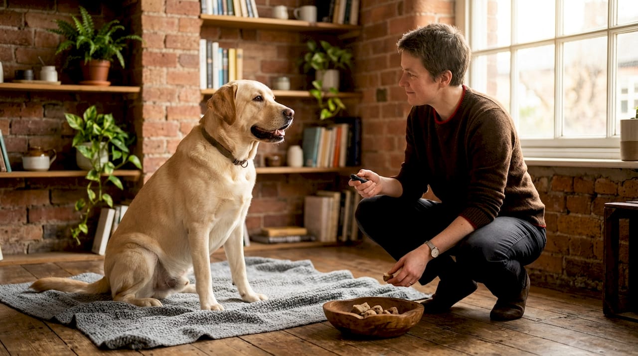Calm dog with trainer practicing positive reward