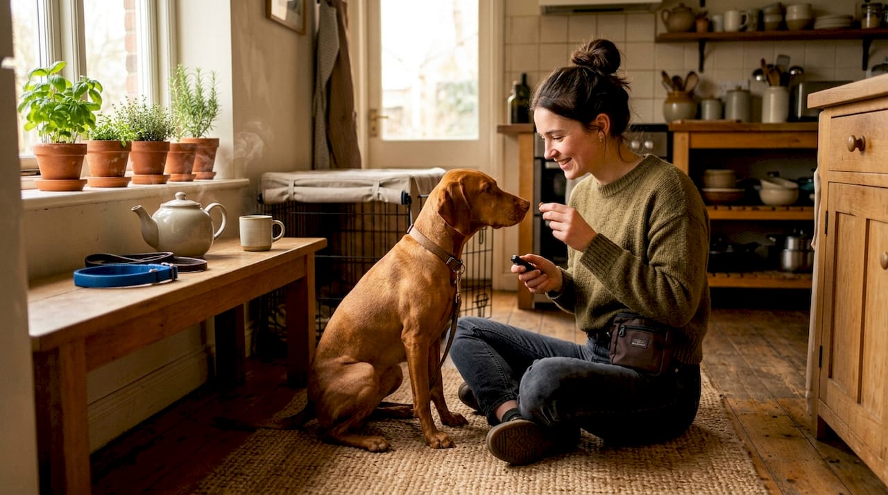 Woman training dog indoors with clicker and treats