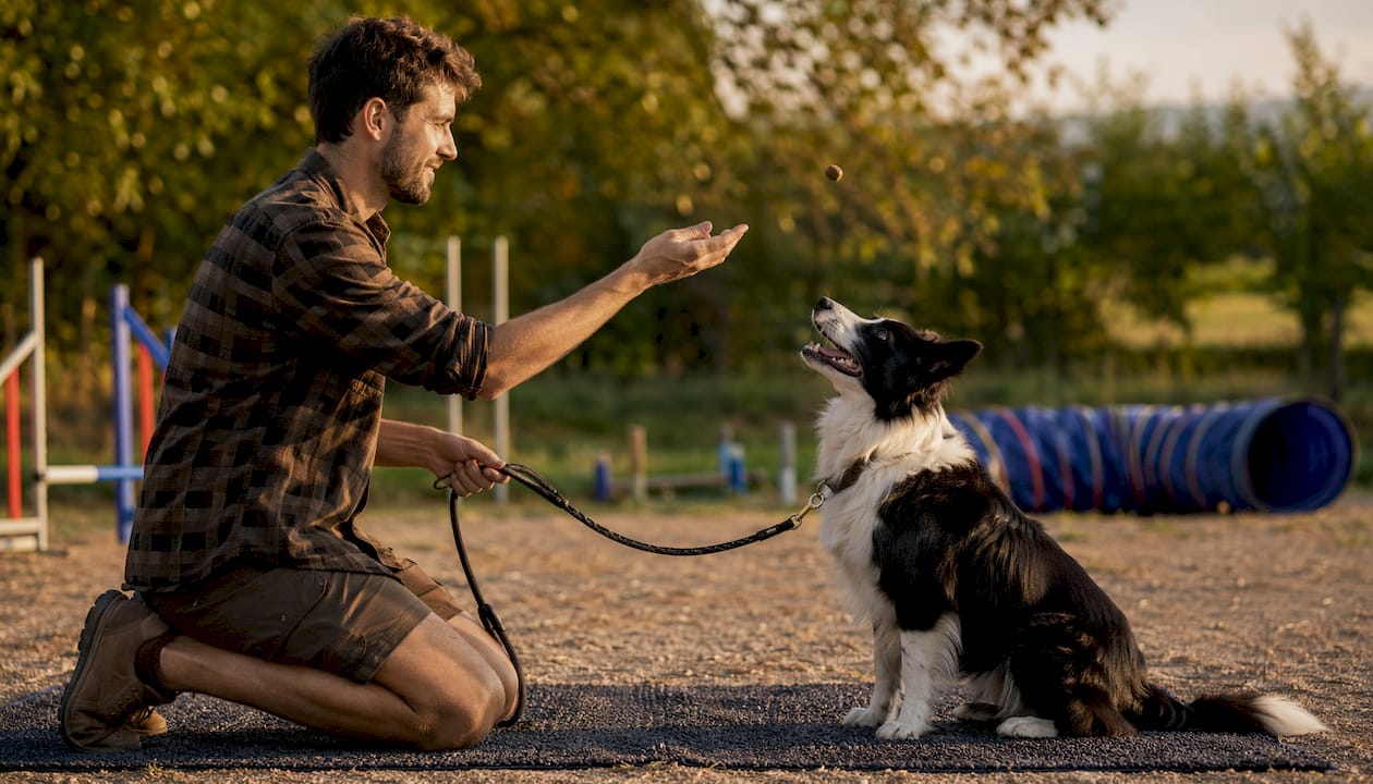 Trainer rewarding dog during indoor training session