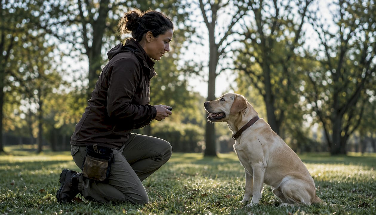 Trainer guiding dog in outdoor training session