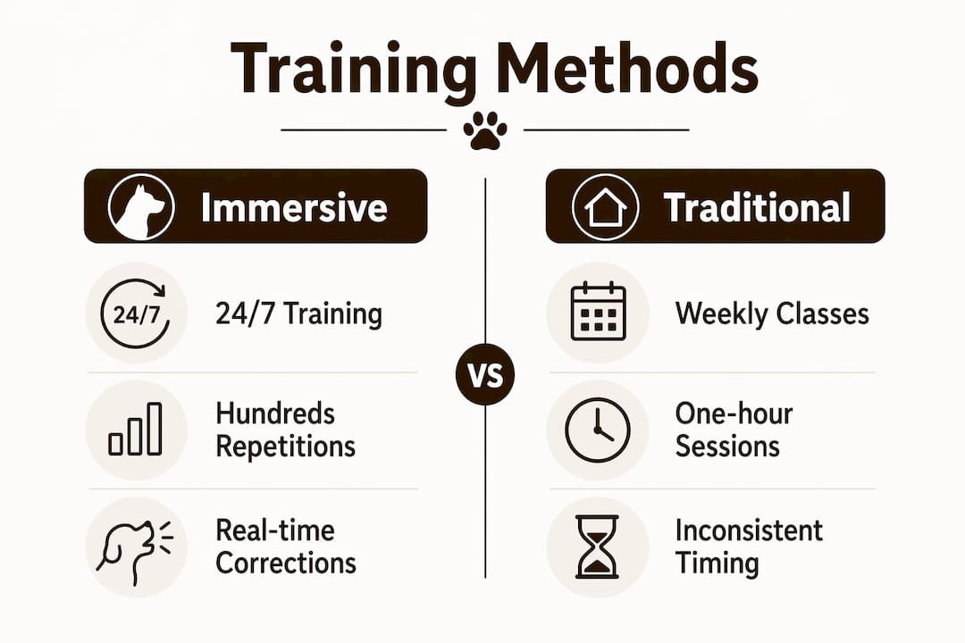 Infographic comparing immersive and traditional dog training methods