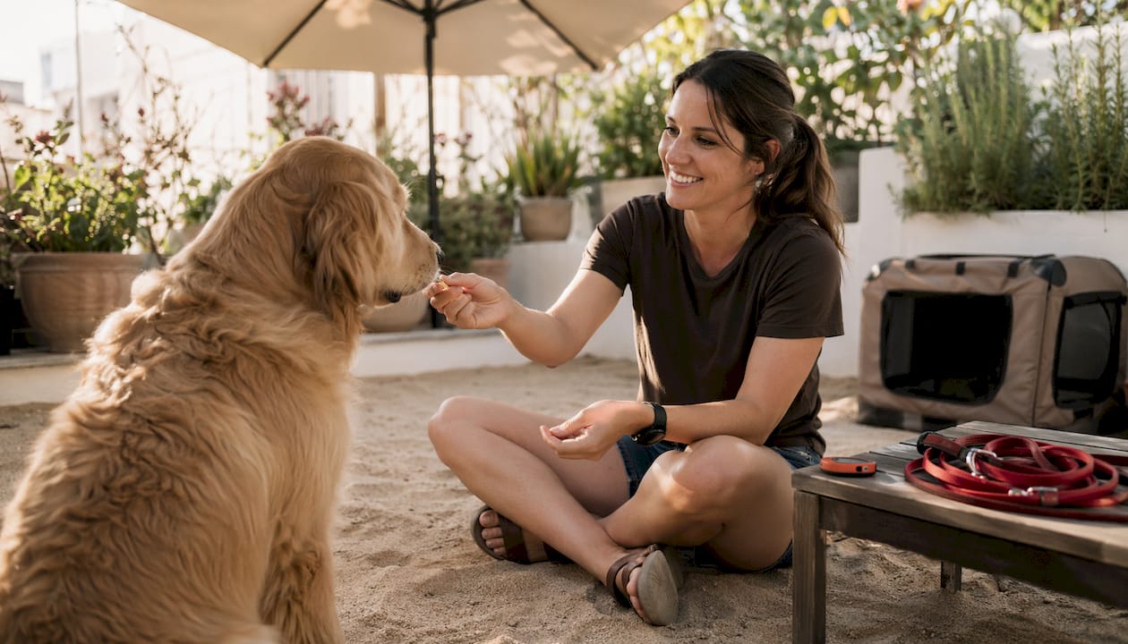 Trainer working with dog in home training space