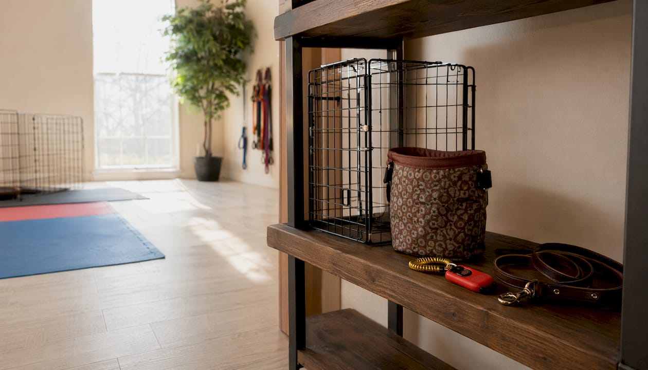 Organized dog training area with equipment