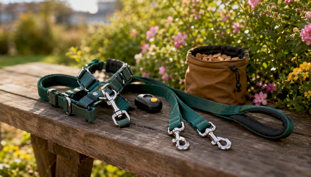 Training harness and leash on wooden table