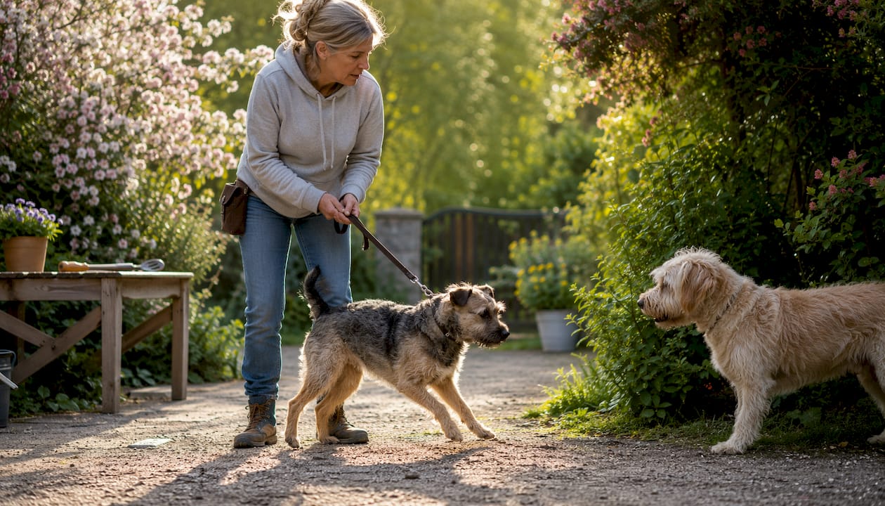 Owner managing dog aggression in park