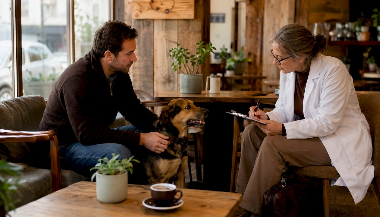 Behaviourist assessing dog's temperament outdoors