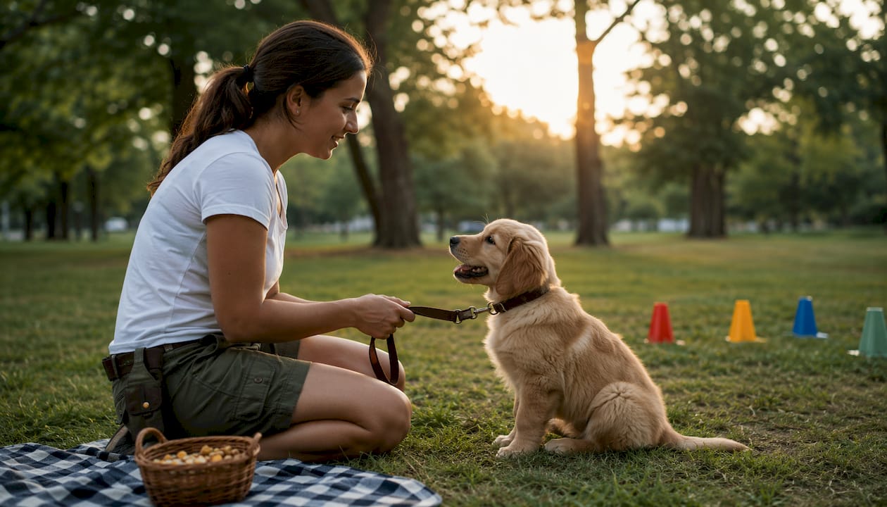 Dog trainer with golden retriever puppy indoors