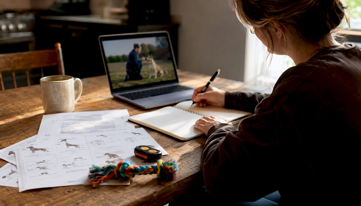 Desk with dog training resources and notes