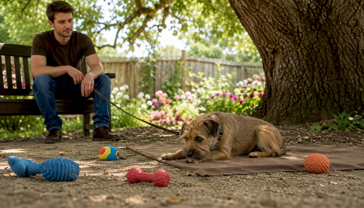 Small anxious dog resting near owner at home